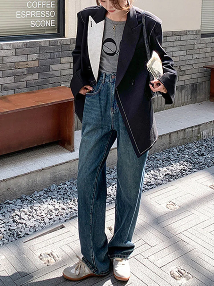 BZVW Black Asymmetric Contrasting Color Blazer For Women Jacket 2023 Autumn New Versatile Designer Suit Jacket Female 25X5001