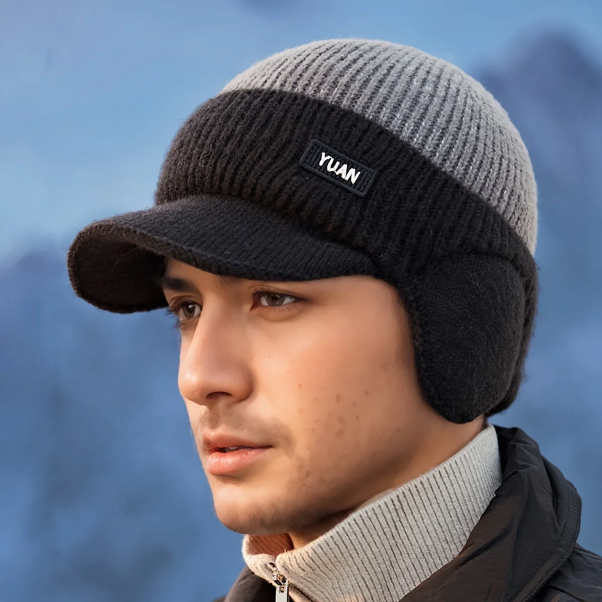Zweifarbige gestrickte Baseballkappe – Outdoor-Aktivitäten | Modische Papa-Mütze mit Gehörschutz | Perfekt für Paare. Hüte für Männer – Detail 5