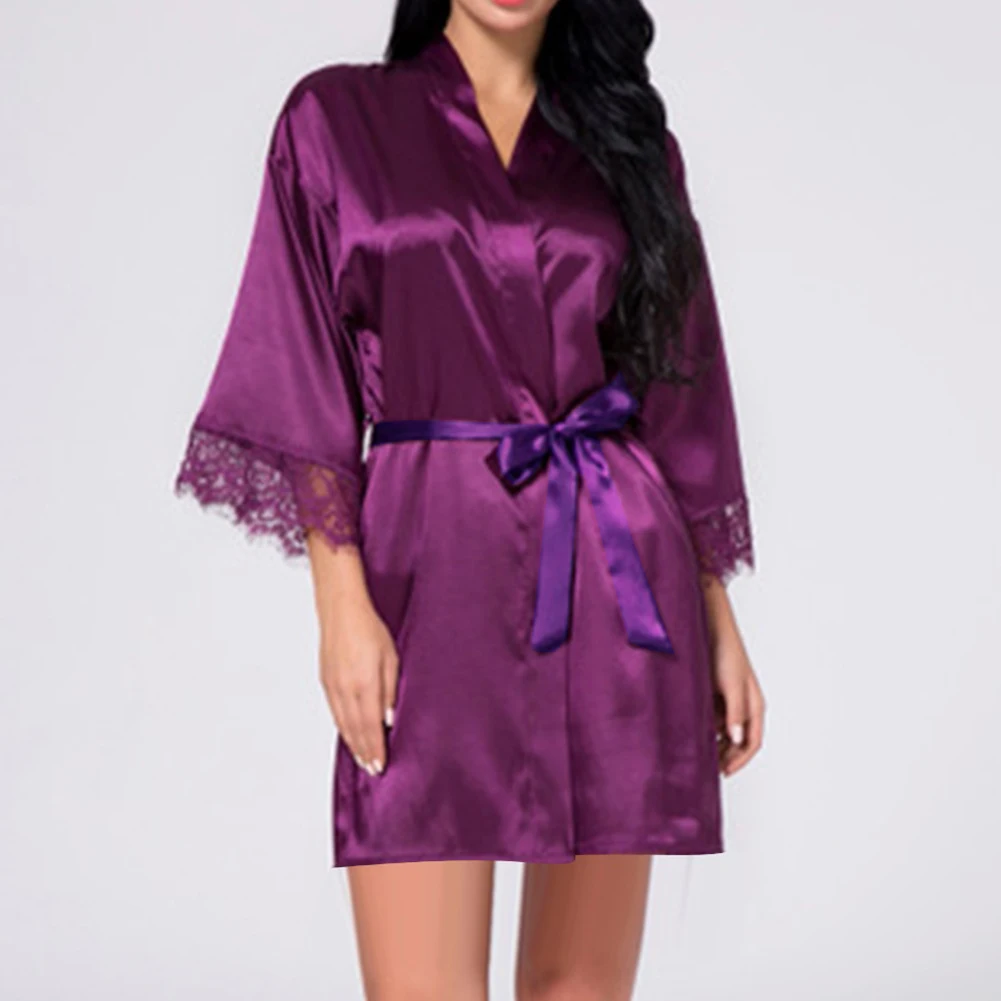 Women's Sexy Lace Stitching Silky Satin Romance Bathrobe Nightwear Leisure Half Sleeve Translucent French Nightgown women dress women sleepwear silk robe