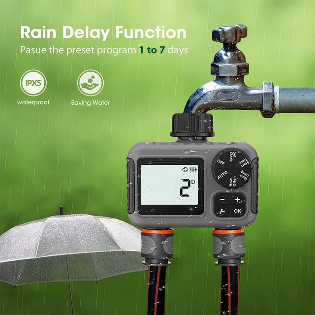 TNCE 1/2 outlet Sprinkler Timer IPX5, Rain delay Programmable Garden Irrigation Water Valve Controller for Garden Lawn Yard Drip 5