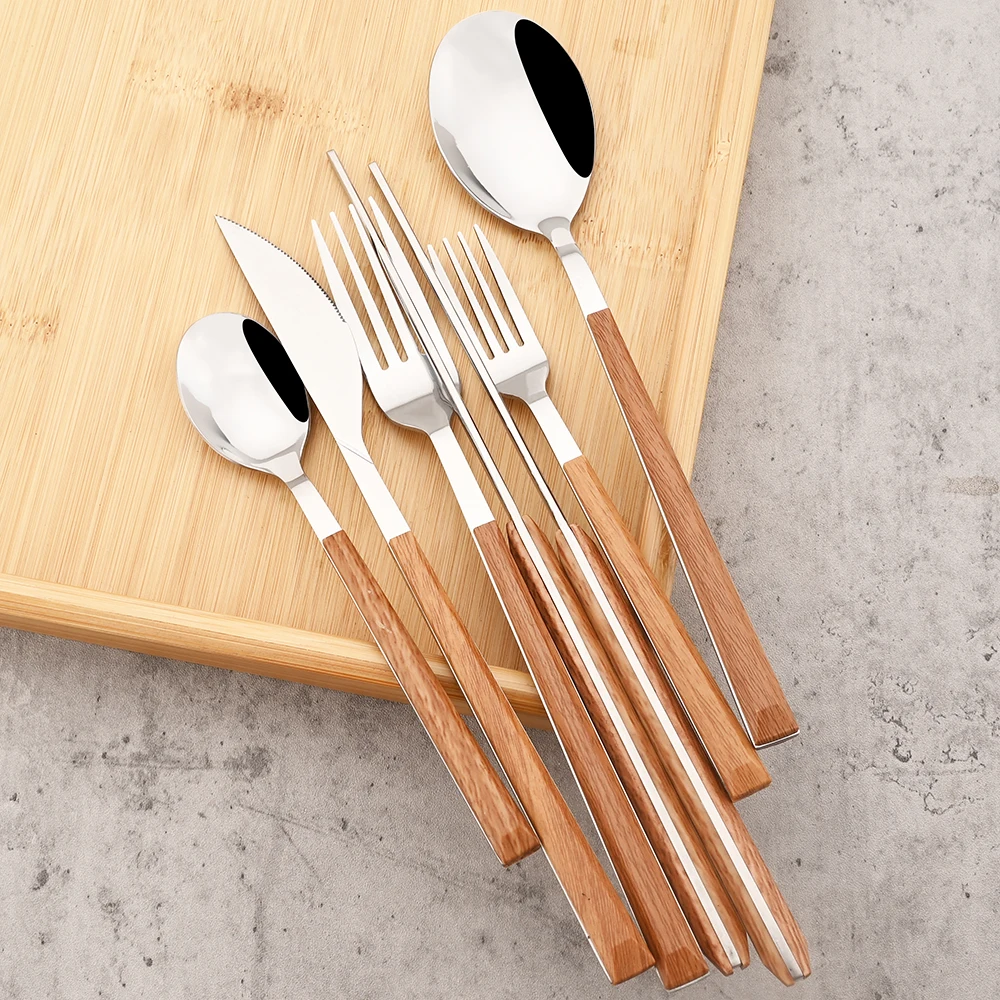 6Pcs Wood Handle Cutlery Set Steak Knife Fork Tea Spoon Chopsticks Dinnerware Stainless Steel Tableware Western Kitchen Flatware