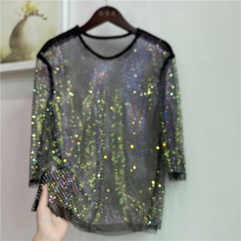 

Mesh Diamond Crystal Coat Diamond Ultra Fairy Inside Take Party Bling Hollow-out Render Unlined Upper Garment and Shiny T Shirt