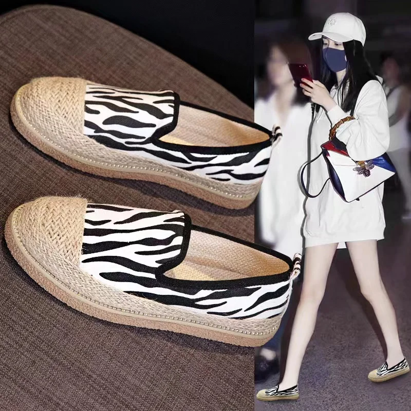 

2023 New Fisherman's Shoes Handmade Grass Woven Linen Leopard Canvas Shoes Breathable Soft Sole Korean Fashion Casual Shoes