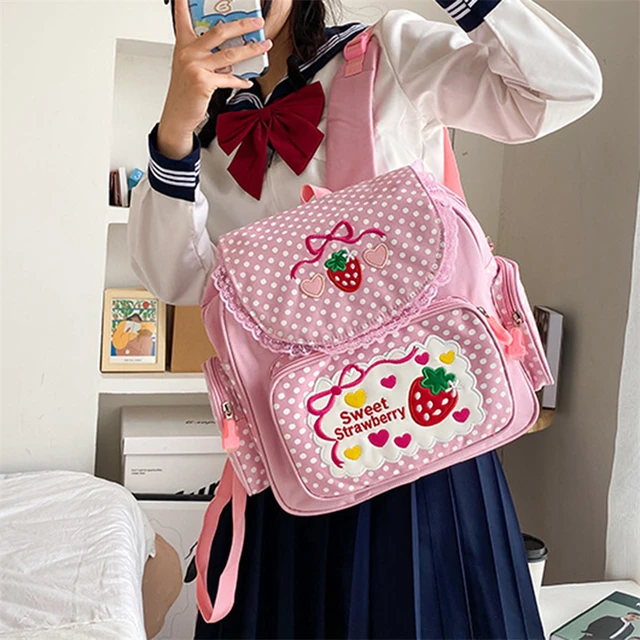 Kawaii Kids School Bag Cute Strawberry Embroidery Student Mochila Dots  Multi-Pocket Nylon Fashion College for Teenager Girl - AliExpress