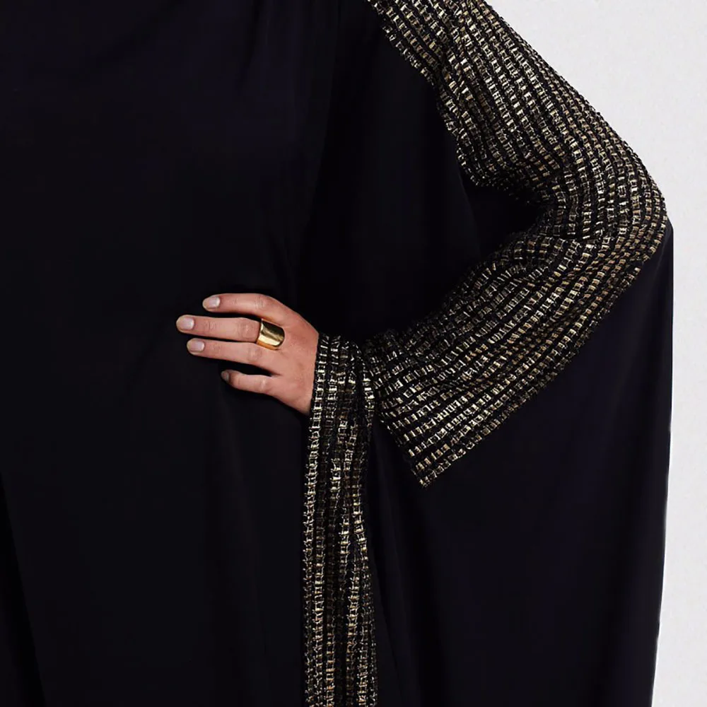 Arab Elegant Loose Solid Robe Muslim Hui Dubai Gold Stamping Bat Long Sleeve Ladies Kaftan Spring Oversized Women's Black Dress