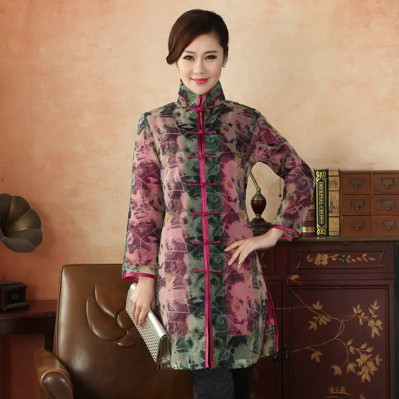 Chinese Aesthetics Women Vintage Translucent Trench Coat Oriental Refinement Qipao Style Single Breasted Outerwear Print Oufits 2022 chinese style qipao sexy women plus size cheongsam vintage classic chinese dress dragon and phoenix printing qipao