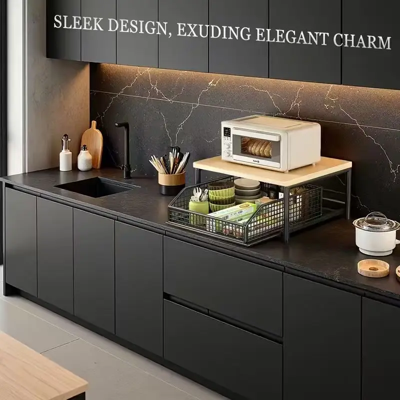 1pc Metal & Wood Microwave Oven Rack with Pull-Out Drawer – Multi-Layer Countertop Organizer for Coffee Makers, Tableware