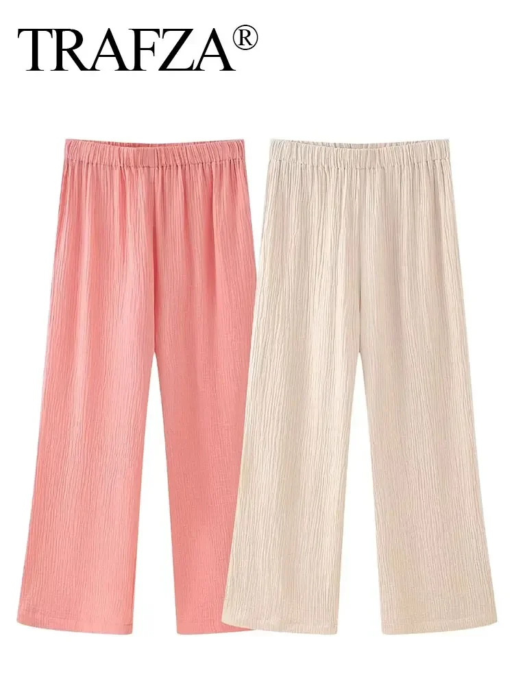 HH Shirts Pant Sets For Women Elegant Solid Long Sleeve O-Neck Lace Up Blouse Loose Trousers Suit 2024 Spring Casual Outfit