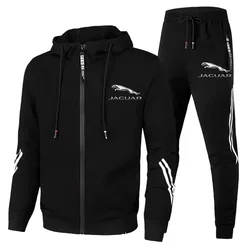 Men Jaguar Car Logo Print 2 Piece Sets Sportswear Zip Hooded Sweatshirt+Pants Gym Running Men Clothing 2023 New Tracksuit