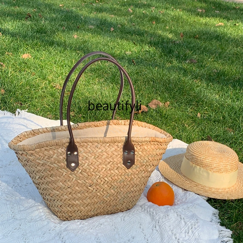 

French Shoulder Straw Bag Woven Bag Seaside Large Capacity Straw Bag Portable Straw Bag Beach Bag Women's Bag Summer
