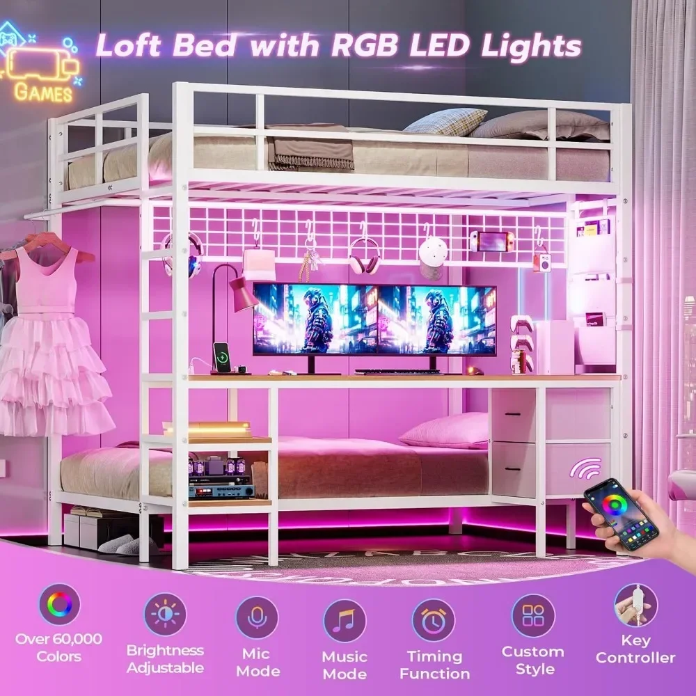 Full Over Twin Size Bunk Bed with Desk and Led Lights Storage Shelves and Drawers for Teen & Adults,Safety Guard Ladder Bunk Bed 3