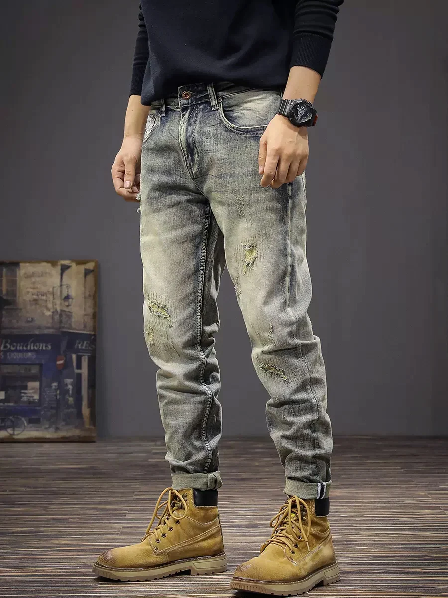 Vintage Fashion Men Jeans Retro Yellow Blue Stretch Slim Fit Ripped Jeans Men Embroidery Patched Designer Denim Pants Hombre