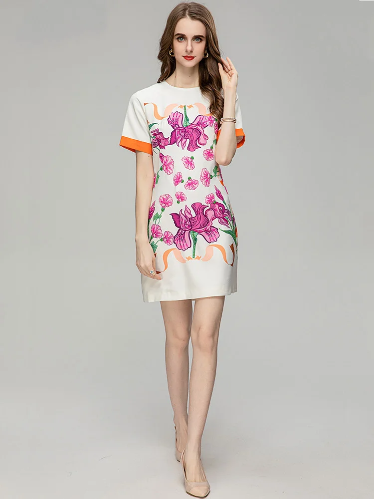 

New Fashion Designer Summer Runway Vintage Flower Print Mini Vestido Women's O-Neck Hit Color Short Sleeve Beading Dress