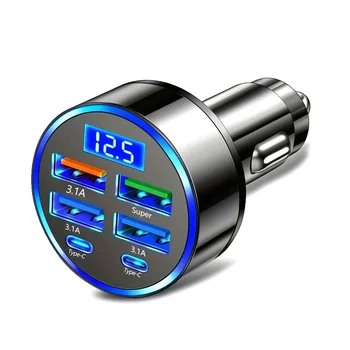 Adattatore per Auto 6-in-1 a Ricarica Rapida 3.1A con Doppia Porta Type-C e Display Digitale per Smartphone, Tablet e Power Bank, Caricabatterie Portatile Nero