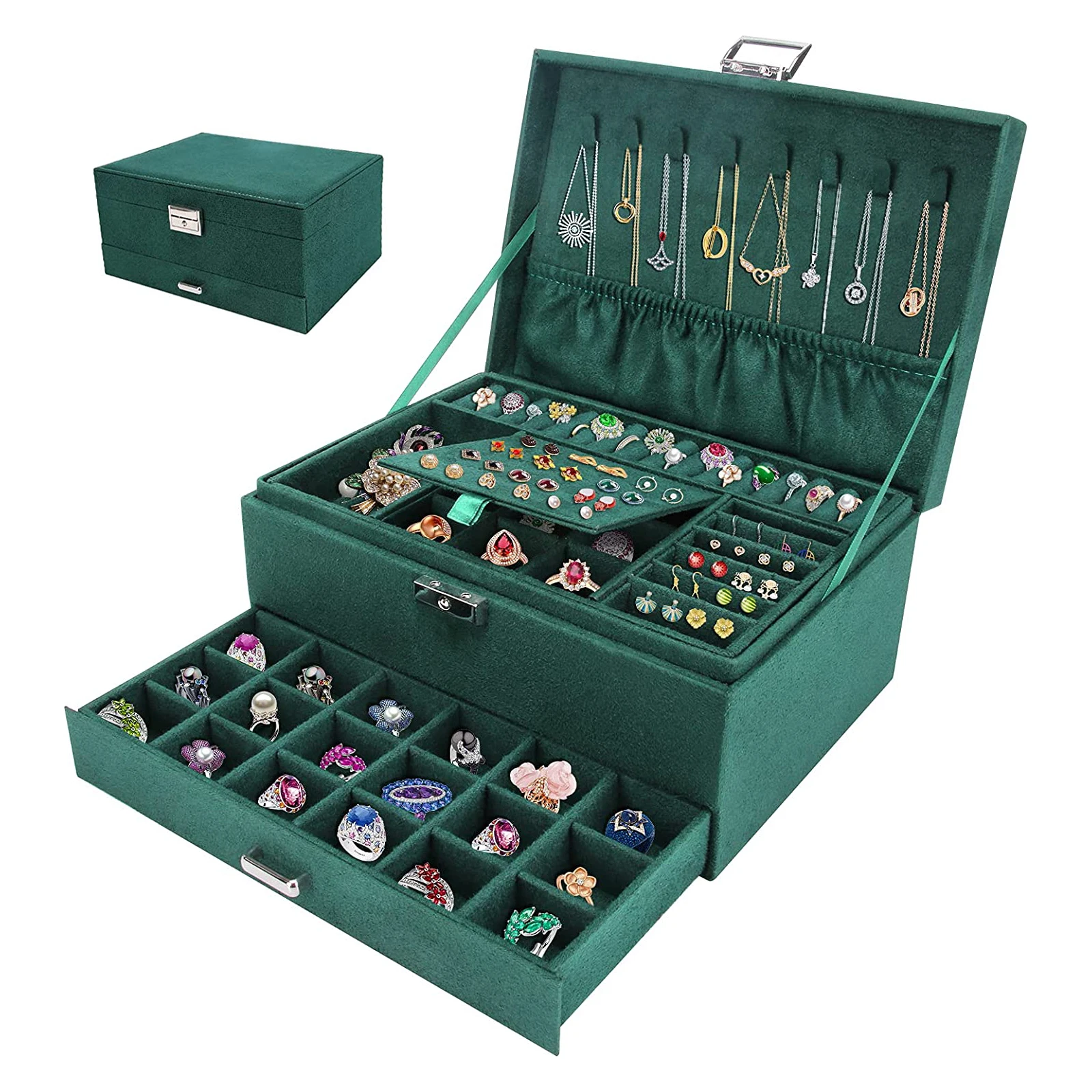 Boîte à bijoux en velours pour femme, 3 couches, grande valeur, rangement de bijoux de voyage, boucles d'oreilles, matiques, colliers