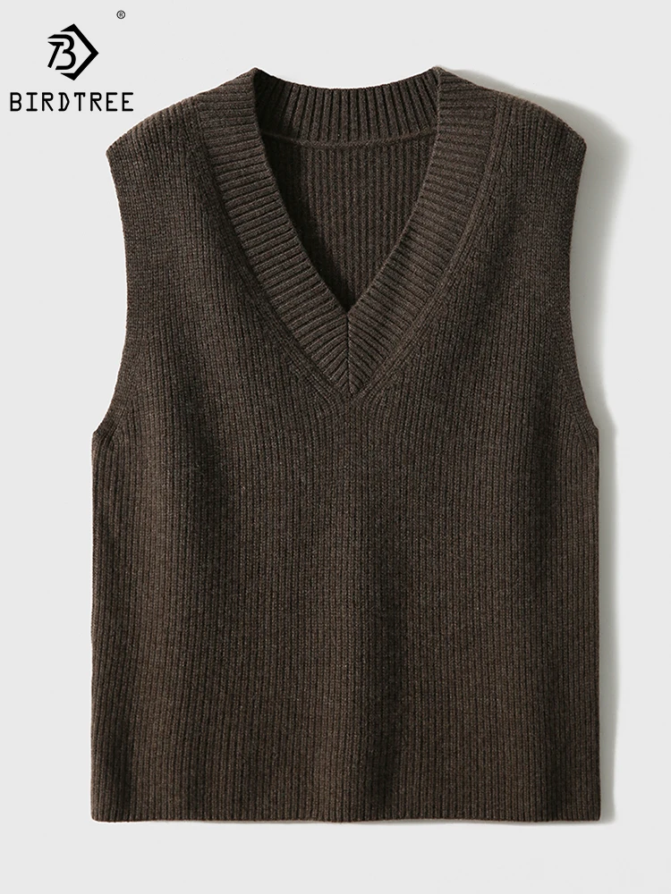 

Birdtree 90% Wool 10% Cashmere Vest V-neck Solid Color Comfortable Simple Versatile Layered Knit Vests Fall Winter T30931QD