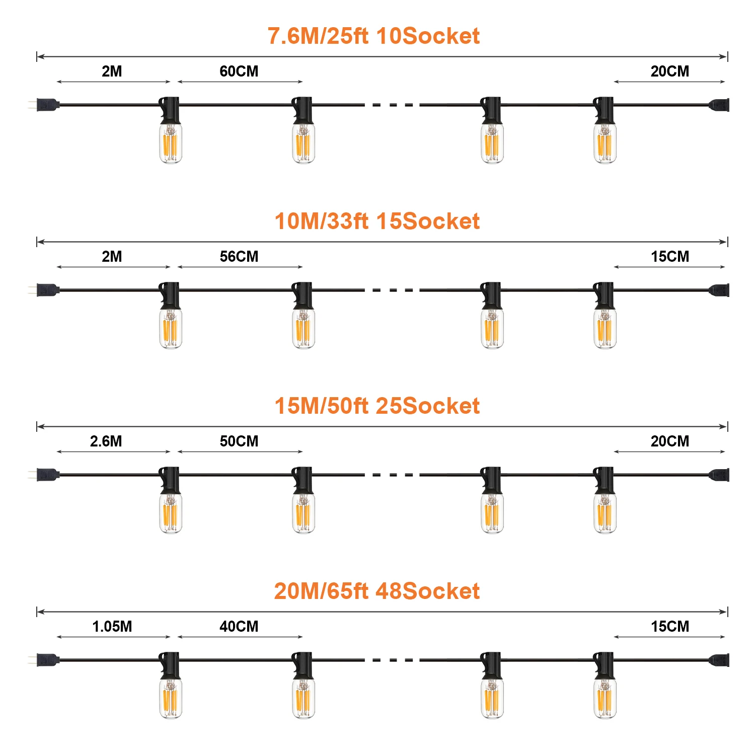 65FT 방수 문자열 빛 IP45 연결 가능한 Led 교체 전구 T20 2W E12 기본 EU 플러그 미국 플러그 야외 정원 갈 랜드 조명