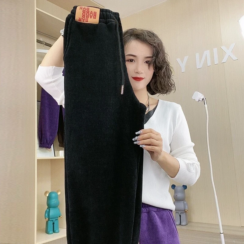 Women Warm Lambwool Sweatpants 2024 Korean Fashion Drawstring Wasit Winter Trousers Ladies Vintage Fleece Lined Harem Pantalones