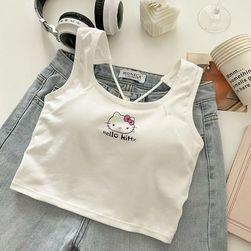 

Kawaii Anime Hello Kitty Spaghetti Strap Undershirt Sanrio Cute Cartoon Character Kt Cat Slimming Top with Bra Pads Girls Gift