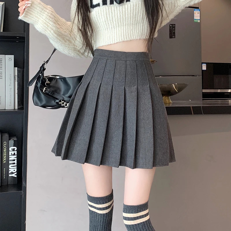 

New Korean Preppy Style Mini Pleated Skirts Women 2023 New High Waist Woolen Short Skirts Autumn Winter Casual Wool Skirt