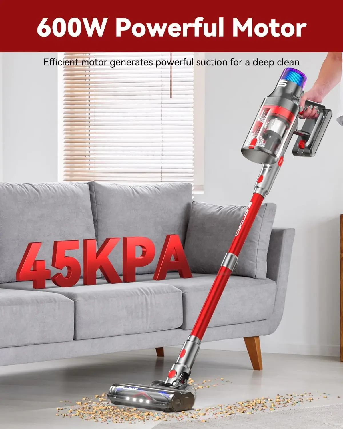 Cordless Vacuum Cleaner V15 Pro Max, 600W 45Kpa 70 Mins Self-Standing Stick Vacuum with Touch Screen, Double Dust Cup, 4