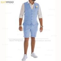 Linen Suits for Men 2 Pieces Casual Slim Fit Suit Vest with Shorts Set Prom Wedding Tuxedos for Groomsmen ( Waistcoat+Pants ) 1