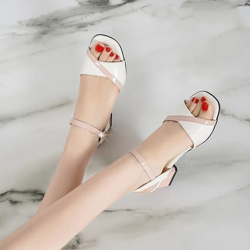 Zapatos de mujer 여성 패션 스위트 블랙 소프트 pu 가죽 들여다 발가락 스퀘어 힐 신발 레이디 캐주얼 우아한 컴포트 샌들 ea427