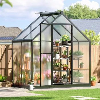 4x6FT Outdoor Greenhouse, Polycarbonate Green House, Small Walk-in Greenhouse with Vented Roof Window, Windproof Aluminum Frame 1