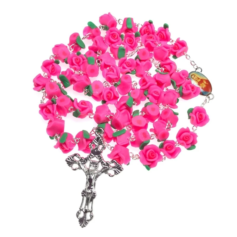 Soft Pottry Religion Rosary Necklace Rose Bead Hanging Pendant religious ritual accessories catholic rosary necklace