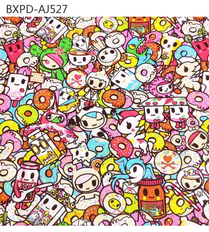 9 Toki-doki Collection-BTY 1 Yard Cotton Woven Fabric-Kawaii Japanese Cartoon Characters, Cute Unicorn Donut