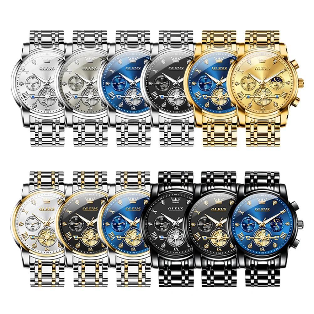 OLEVS Men's Moon Phase Quartz Watch - 30m Waterproof, Luminous Stainless Steel Wristwatch with Genuine Fashion Design, Box Set