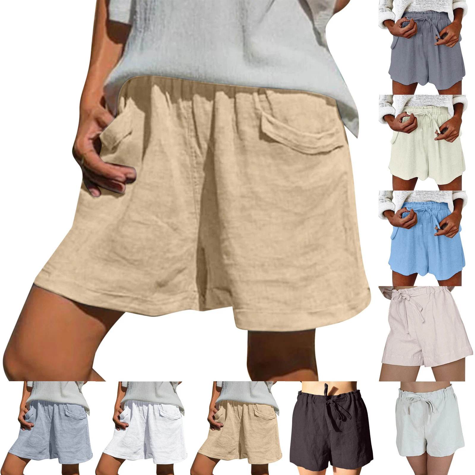 Pantalones cortos de talla grande para mujer, básicos holgados y cómodos, de cintura elástica lisa, informales, con bolsillos| | - AliExpress