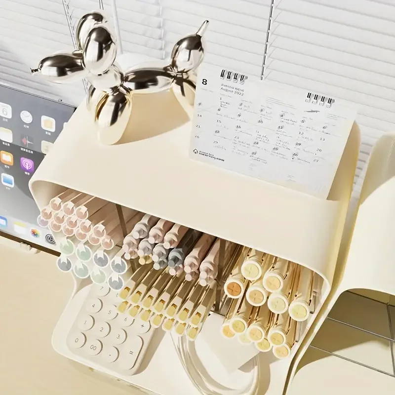 large capacity desk organizer with drawer multi layer pen holder slanted insert storage box for office dorm room supplies portable mold resistant pp material details 0