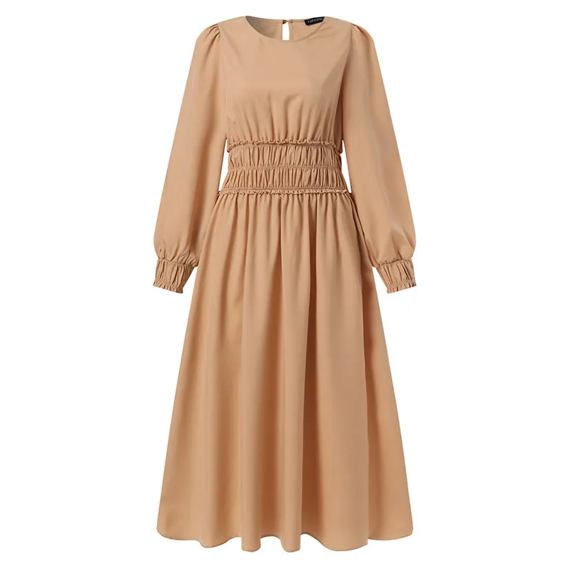 2023 Ramadan Muslim Robe  Islam Abaya Dress Solid Waist Long Sleeve Fashion Robe Femme Musulmane Casual Women's Dress Dubai Robe