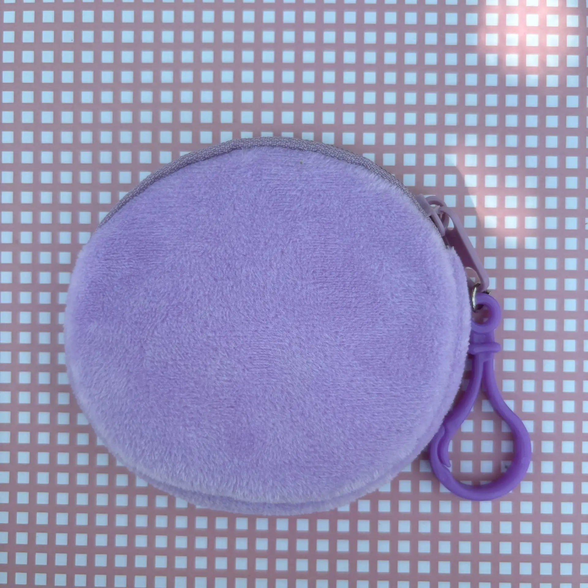 Fashionable Soft Plush Round Coin Purse with Carabiner Clip