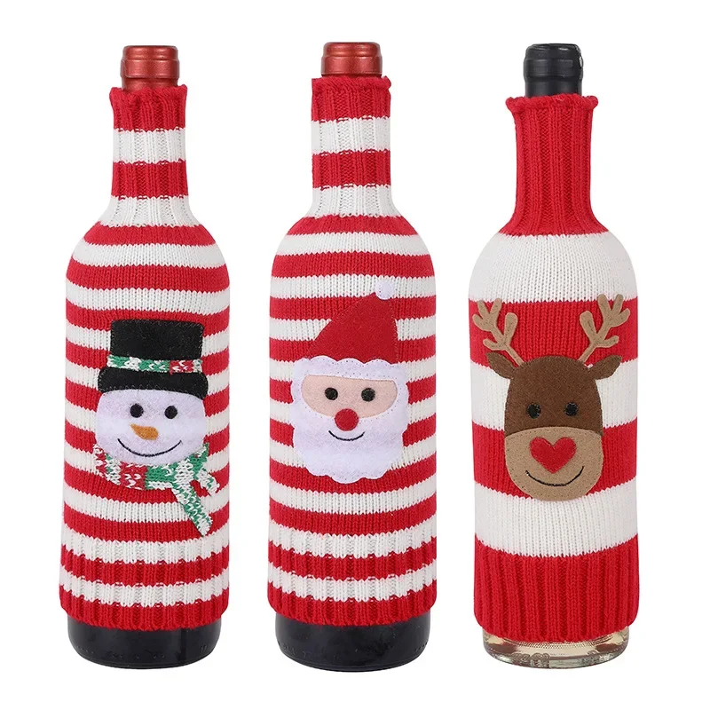 Wine Bottle Cover Christmas Decor Handmade Knit Cute Santa Claus Wine Cup Dress Bags Reusable Xmas Home New Year Decoration Gift