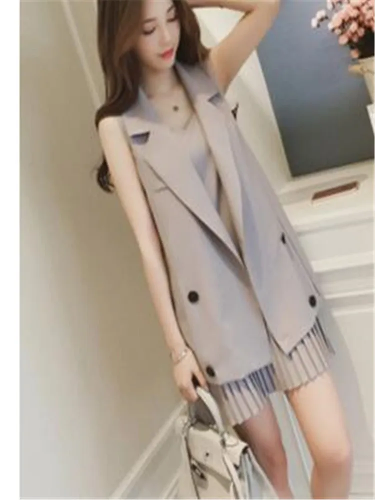 Spring Summer 2024 Medium Long Suit Vest Coat+pleated Suspender Dress Fashion Suit Women's Leisure Two-piece Set Two Piece Dress