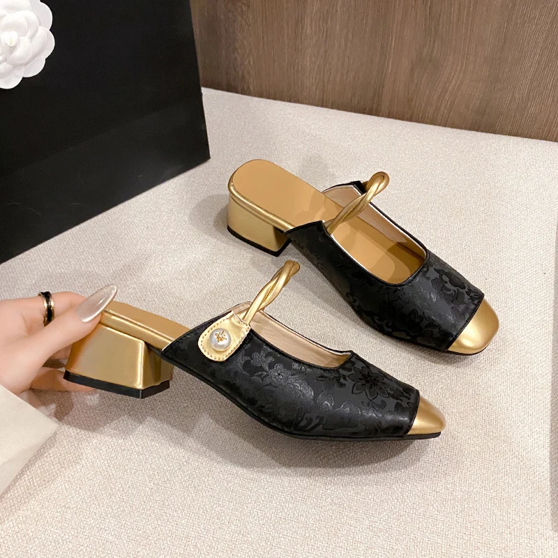 2024 NEW Women Sandals Ladies Embroidery Med Heels Closed Nose Lady Sandals Female Round Toe Hook Loop Retro Shoes Shallow Mouth