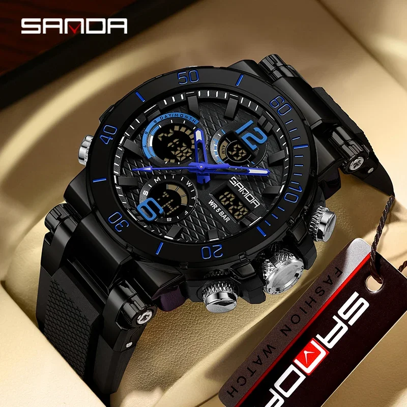 Sanda 2023 New Dual Screen Men's Digital Watch Nightlight Waterproof Multifunctional Popular Men's Alarm Clock Wristwatch 6167
