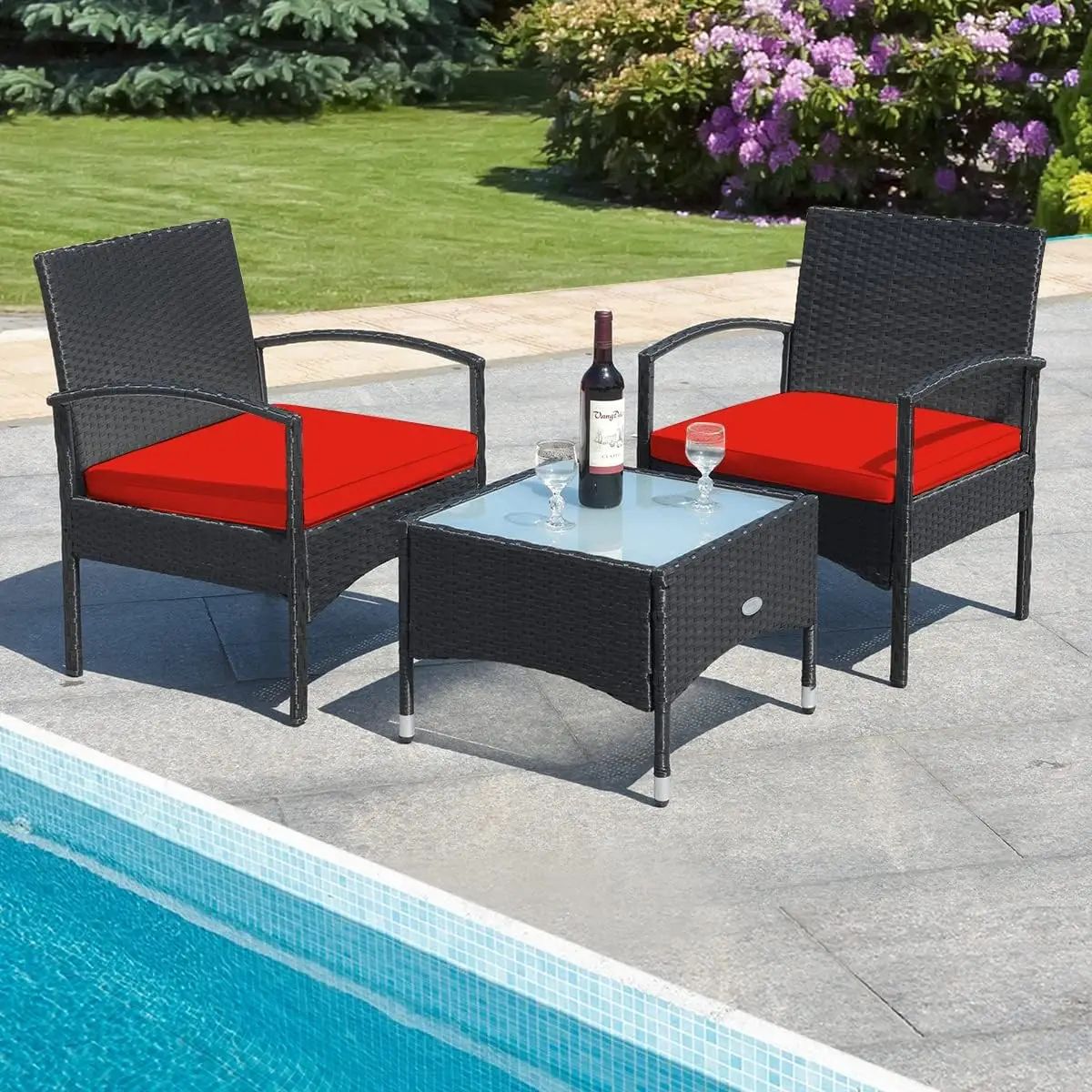 3 Pieces Patio Furniture Set Outdoor Conversation Set Rattan Wicker Bistro Set with Glass Coffee Table & Soft Cushions