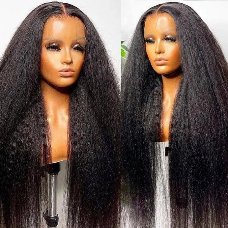 

Natural Black Glueless Soft Long 30Inch Yaki Kinky Straight Lace Front Wig For Women With Baby Hair Synthetic Preplucked Daily