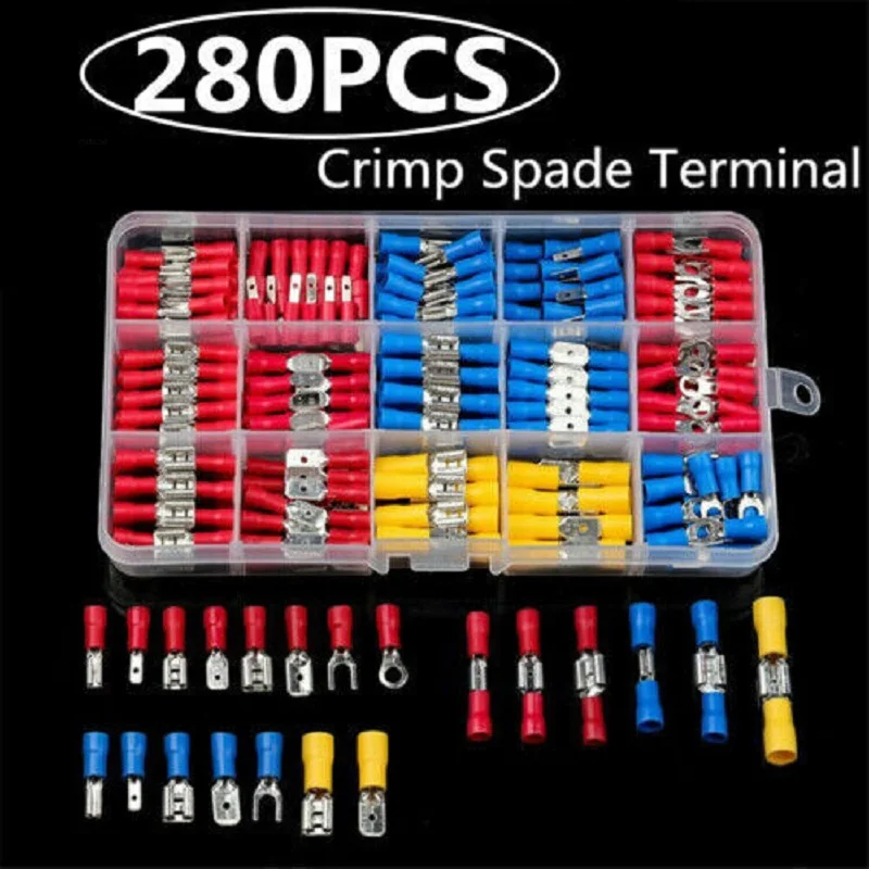 

280Pcs Assorted Insulated Cable Connector Electrical Wire Terminals Crimp Butt Ring Fork Spade Kit with Box