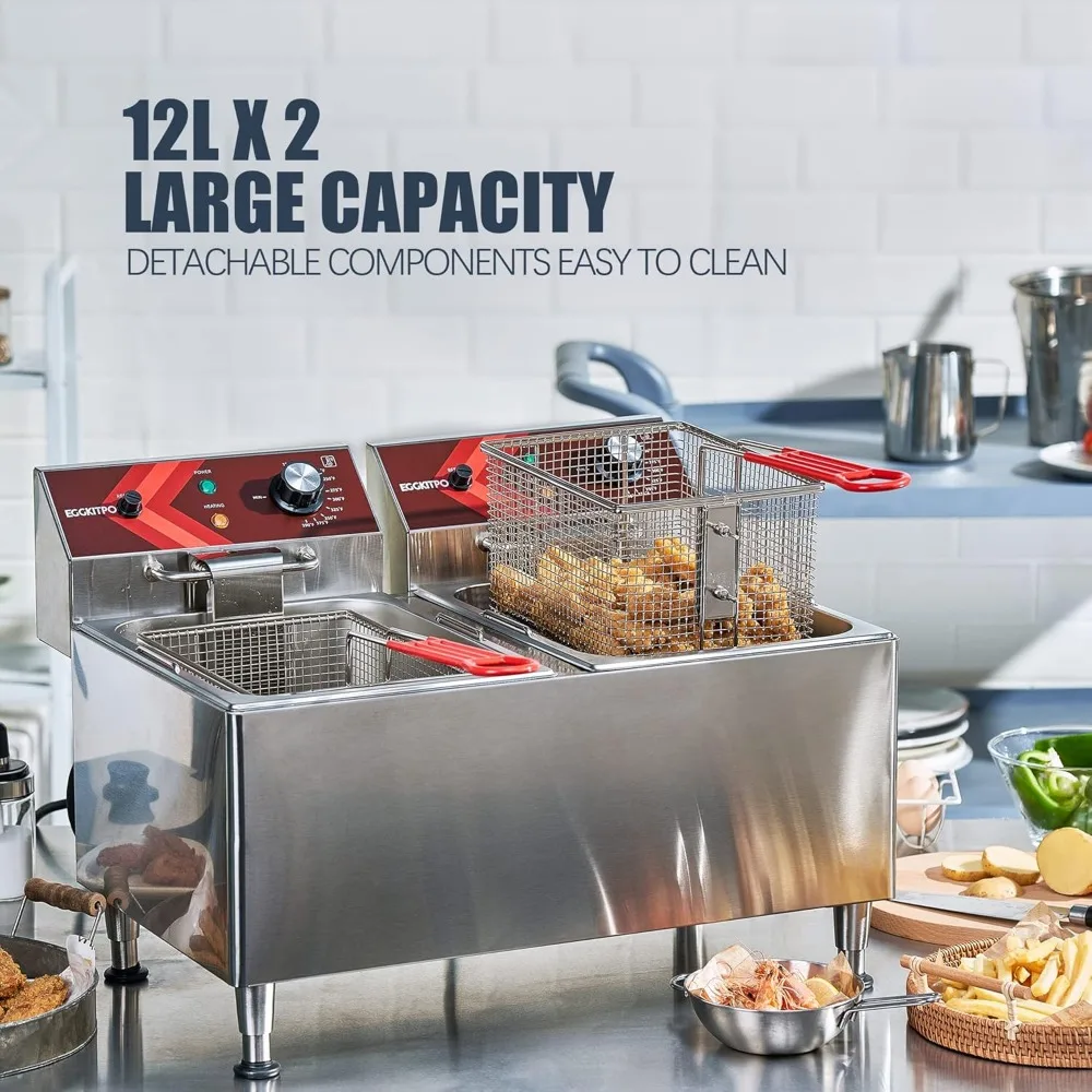 Deep fryers Commercial Deep Fryer 12L x 2 Large Dual Tank Electric Countertop Fryer for Restaurant with 2 Frying Baskets