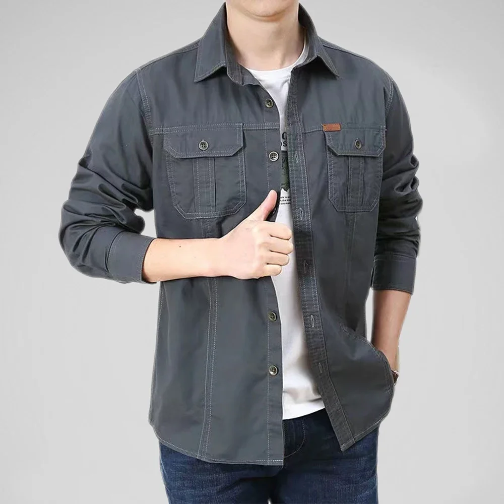 

100% Cotton Men's Shirt Solid Color Multi-Pocket High Quality Cargo Shirts Fashion Outdoor Casual Long Sleeve Shirts for Men New