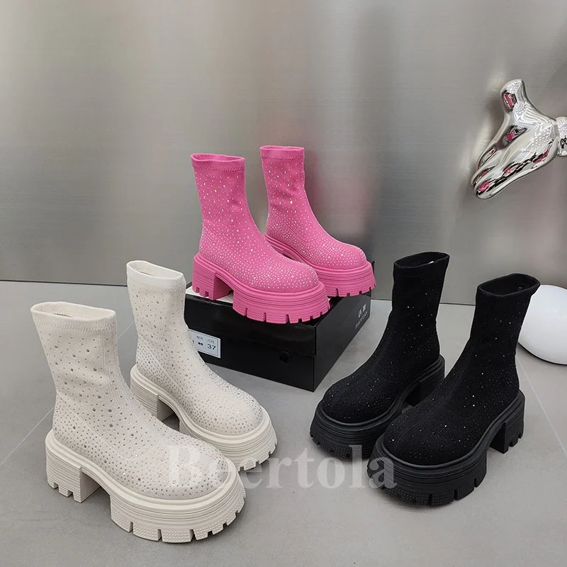 

New Rhinestone Flatform Ankle Boots Woman Round Toe Thick Bottom Slip-On Stretch Boots Bling Pink Platform Autumn Winter Shoes