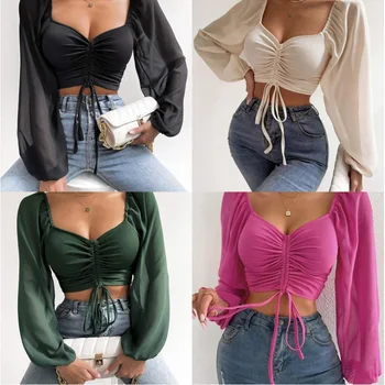 Women Spring Autumn Long Puff Sleeve Tops Tees Loose Chiffon Knit Deep V-neck T-shirts Fashion Solid Casual Shirring T shirts