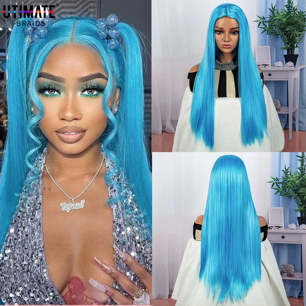 

Синтетические парики синего цвета средней части, синтетический парик, прямой длинный синтетический парик, термостойкие волоконные парики для женщин, парики для косплея