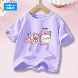 Elegant Floral Perfume Bottle Graphic Tee for Girls - Summer Short Sleeve Cotton Top (Lavender)