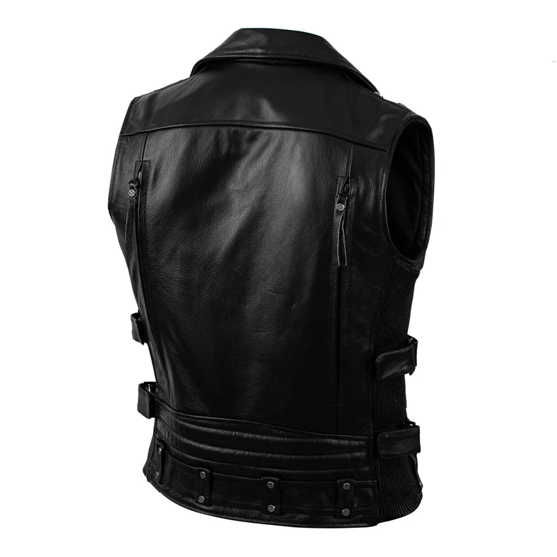 Fashion Motorcycle Vest Black Real Cowhide Genuine Leather Vests