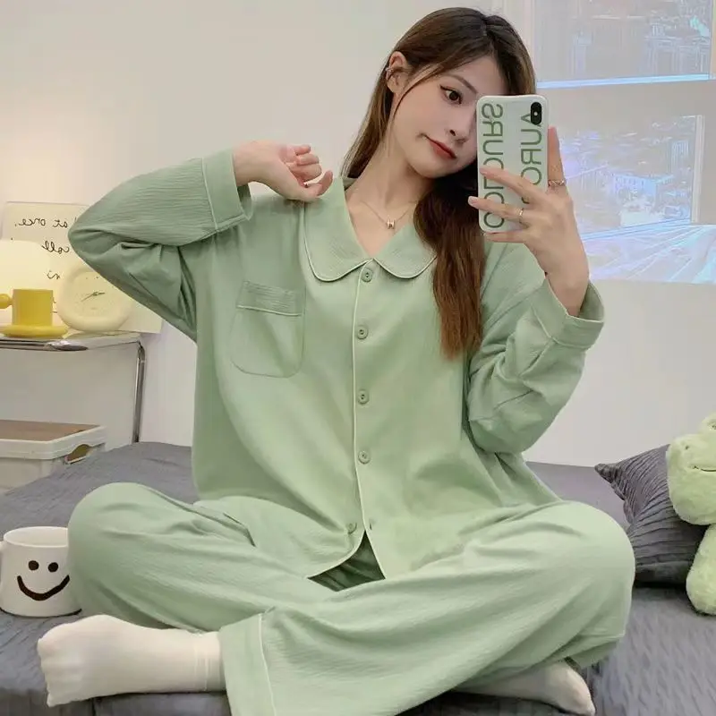Pajamas for Women Ensemble Femme 2 Pièces Casual Simple Pyjamas Solid Color Pijama Mujer Long Sleeve Pants Home Suit